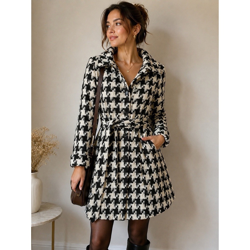 Romeo & Juliet Couture Black White Houndstooth Belted Coat Jacket M‎